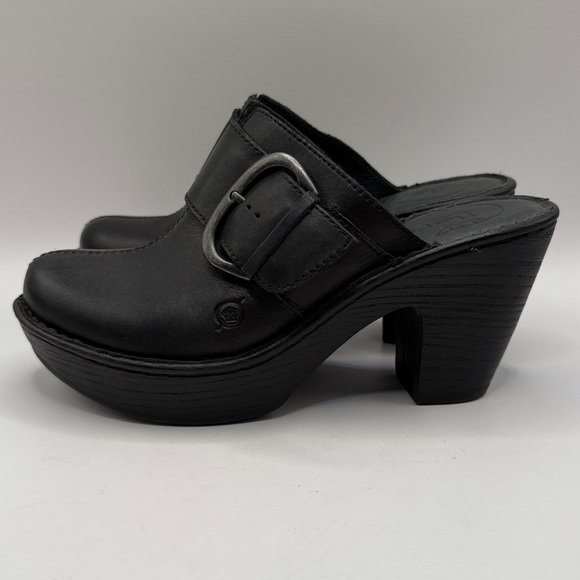 BORN Black Leather Heeled Slip on Clogs Size 7 - Picture 1 of 8